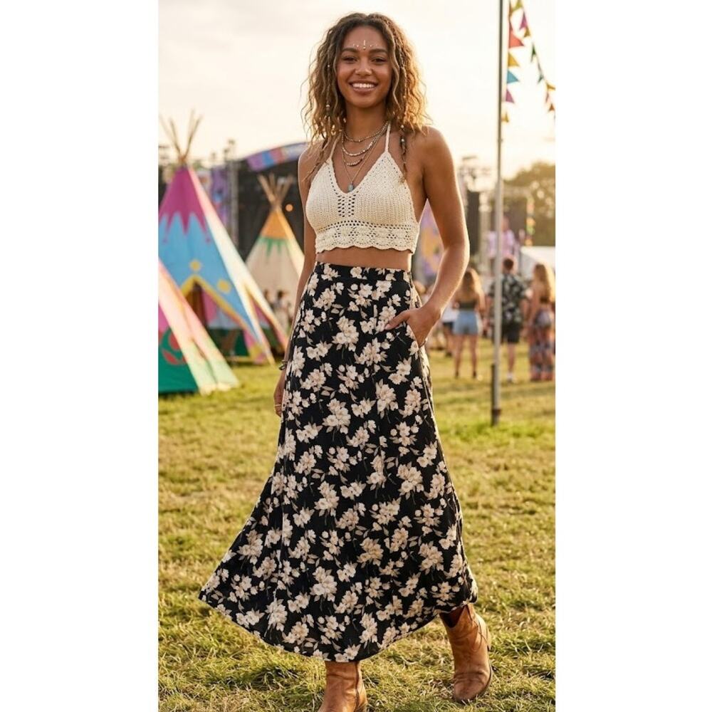 Vintage Maurice’s Black Yellow Floral Maxi Skirt Womens 4 Casual Fall Peasant